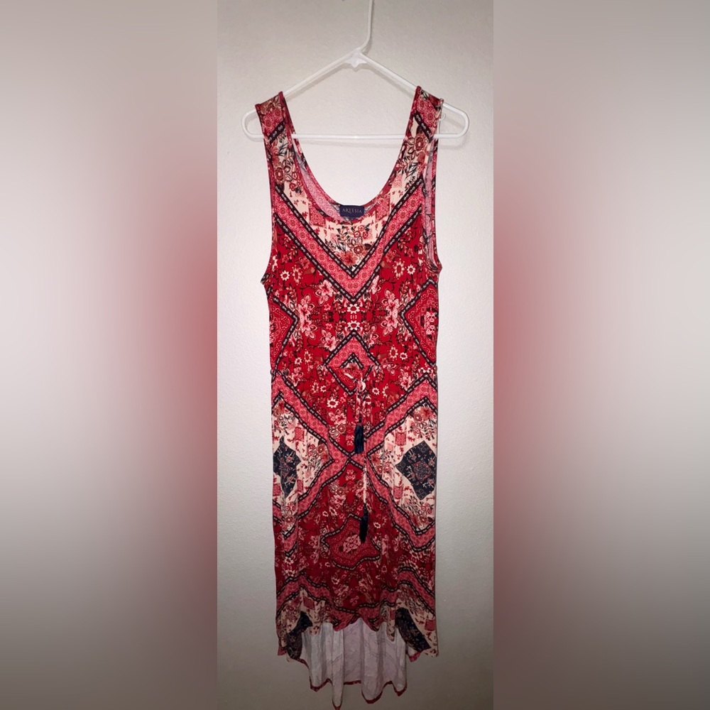 Artesia Red Boho Floral Patchwork Midi Dress Tassel Tie Size Large